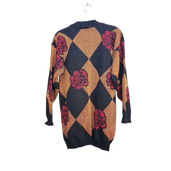 VTG DANA SCOTT Sweater Womens Sz M Red Gold harlequin/floral OVERSIZED pullover - Picture 5 of 7